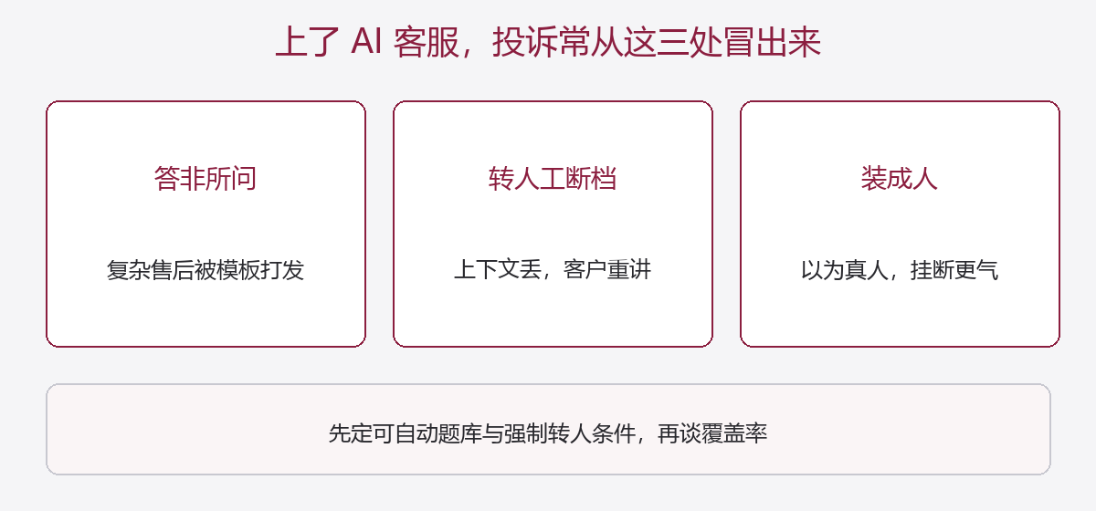 AI客服投诉常来自答非所问、转人工断档、装成人